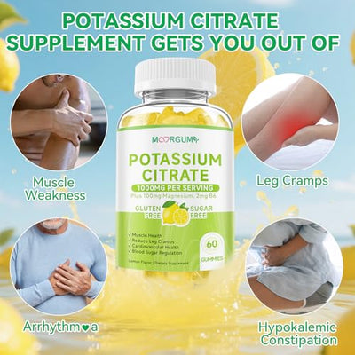 Potassium Citrate 1000mg Gummies, Potassium Supplement for Adults Women and Men, with Magnesium, Vitamin B6 Chewable Supplements, Support Electrolyte Balance, Leg Cramps & Muscle Health, 60 Count