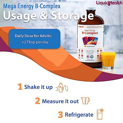 LIQUIDHEALTH Mega Energy Methylated B-Complex, Adult Liquid Vitamin Supplement - Increase Energy, Relieve Stress & Fatigue, Immune Support, Heart & Gut Health - Made in USA, Vegan, Sugar-Free (32 oz)