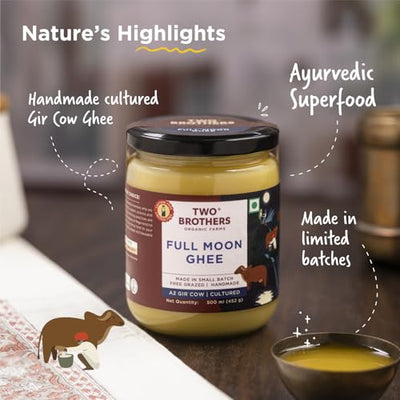 Full Moon A2 Ghee | Cultured, Grass-Fed Desi Cow Clarified Butter | Healthy Butter Alternative | Made in Small Batch | Keto & Paleo Friendly,Ayurvedic Cooking Superfood from Two Brothers Organic Farms