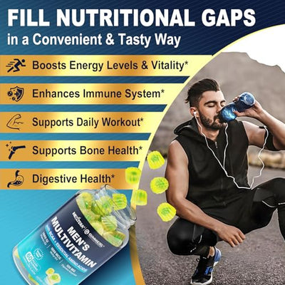 Methylated Multivitamin for Men Gummies, BCAA Amino Acids, Zinc, Daily Vitamin A C D3 E K2 B Complex, Calcium, Magnesium, Lycopene, Digestive Enzymes - Energy, Immune, Muscle- Sugar Free, Vegan, 60Cts