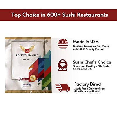 YM Roasted Seaweed, Made in USA, Premium Gold Grade, 100 Half Sheet nori, Origin of Korea, Vegan-Friendly, Seaweed for Sushi, Temaki (1 Pack)