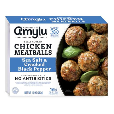 Amylu Foods Sea Salt & Cracked Black Pepper Chicken Meatballs, Natural Ingredients, 16g of Protein, Chicken Raised with No Antibiotics, Fully Cooked, Dairy-Free, Gluten-Free, Pork-Free, No Nitrates or Nitrites, 10 oz