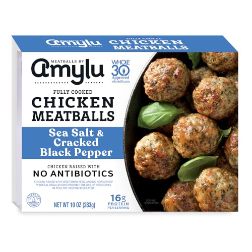 Amylu Foods Sea Salt & Cracked Black Pepper Chicken Meatballs, Natural Ingredients, 16g of Protein, Chicken Raised with No Antibiotics, Fully Cooked, Dairy-Free, Gluten-Free, Pork-Free, No Nitrates or Nitrites, 10 oz