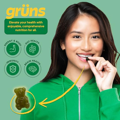 Gruns Adult Super Greens Gummies, 10 Pack, Superfood Gummy Bears with Spirulina, Chlorella & Prebiotics for Digestive Health, Adaptogens Supplement with 20 Vitamins & Minerals, Low Sugar