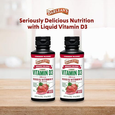 Barlean's Pack of 2 Vitamin D3 Liquid Supplement for Kids and Adults, 5000 IU Vitamin D, Strawberry Milkshake, Non-GMO, Gluten and Dairy Free, 5.6 oz Each