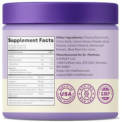 Magnesium Glycinate Powder for Sleep - Magnesium Sleep Aid Without Melatonin - Natural Sleep Drink Mix with GABA, L-Theanine, Apigenin, Valerian & Lemon Balm