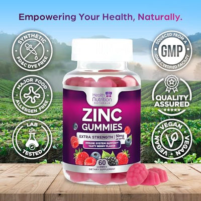 Zinc Gummies 50mg - Extra Strength Skin Health & Immune Support Gummy, Vegan, Non-GMO & Gluten Free - Best Zinc Supplement Antioxidant Heart & Bone Health Chewable Tasty Berry Flavor - 60 Gummies