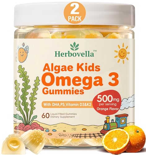 2 Pack Algae Omega 3 Gummies for Kids - 500mg with DHA, Phosphatidylserine, Vitamin D3 & K2 - Sugar Free DHA Supplement for Brain& Eye - Fish Oil Alternative - Vegan, 120 Count