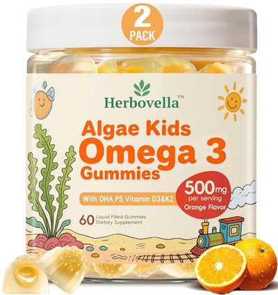 2 Pack Algae Omega 3 Gummies for Kids - 500mg with DHA, Phosphatidylserine, Vitamin D3 & K2 - Sugar Free DHA Supplement for Brain& Eye - Fish Oil Alternative - Vegan, 120 Count