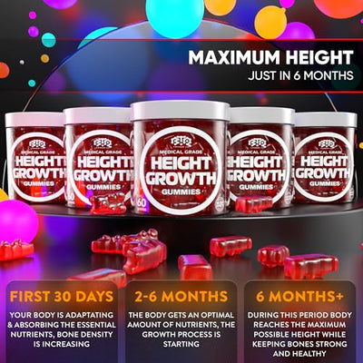 BIOTEQUELAB Height Growth Increase Gummies Vitamins, Grow Tall Supplement, Calcium, Magnesium, Zinc, Ashwagandha, Glucosamine Multivitamin for Teens, Kids, Adults