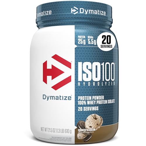 Dymatize ISO100 Whey Protein Powder Isolate, Cookies & Cream, 25g of Protein, 5.5g BCAAs, Less Than 120 Cal., Gluten Free, 1g Fat, 1g Sugar, 2g Carb (20 Servings)