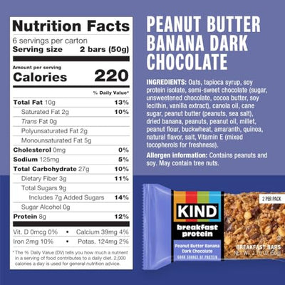 KIND Breakfast Protein Bars, Peanut Butter Banana Dark Chocolate, Healthy Snacks, Gluten Free, 8g Protein, 6 Count (6 Packs of 2 bars)
