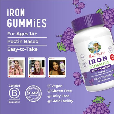 MaryRuth's Iron Gummies for 14+ with Vitamin C for Absorption | Sugar Free | Gummy Iron Supplement + VIT C | Energy Metabolism | Cellular Health | Immune Support | Vegan | Non-GMO | 60 Count