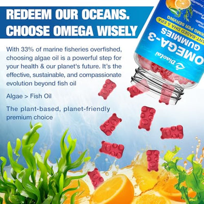 Vegan Omega-3 Gummies for Adults – Sugar-Free, Algae-Based DHA 600mg & EPA 300mg, with Vitamins A, C, E, Zinc – Omega 3 Fish Oil Alternative, 60 Count