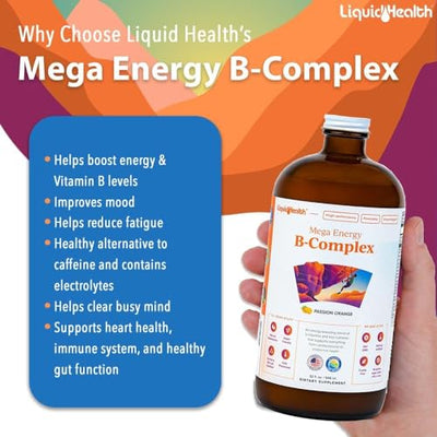 LIQUIDHEALTH Mega Energy Methylated B-Complex, Adult Liquid Vitamin Supplement - Increase Energy, Relieve Stress & Fatigue, Immune Support, Heart & Gut Health - Made in USA, Vegan, Sugar-Free (32 oz)