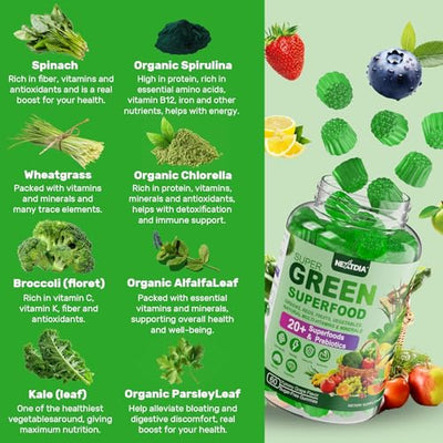 Super Greens Multivitamin Gummies, Daily Greens Superfood Gummies w/Spirulina, Chlorella, Multivitamins, Prebiotic Fiber, Adaptogens, Support Digestive & Gut Health, Immunity, Focus & Energy, 120Cts