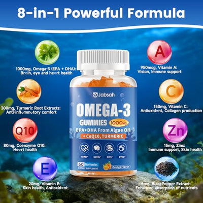 Vegan Omega-3 Gummies 1000mg from Algae Oil (DHA 460mg & EPA 230mg), Omega 3 Fish Oil Alternative for Adults, Plus Turmeric & CoQ10 for Brain, Eye & Immune Health, No Fishy Taste, Sugar Free, 120 Cts