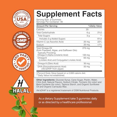 Omega 3 Gummies for Adults - Vegetarian Omega 3 6 9 DHA Gummies for Brain Bone and Heart Health and Joint Support - Burpless Fish Free Plant Based Supplement Men Women - 120 Count