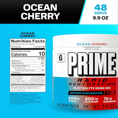 Prime Rapid Rehydration Electrolyte Powder, Ocean Cherry, Sugar Free Hydration Drink Mix with Sodium, Potassium, Magnesium & B Vitamins to Replenish Fluids, Caffeine Free, 6 Gallon Tub, 48 SRV