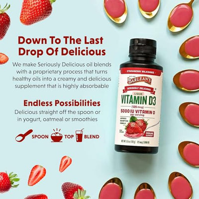 Barlean's Pack of 2 Vitamin D3 Liquid Supplement for Kids and Adults, 5000 IU Vitamin D, Strawberry Milkshake, Non-GMO, Gluten and Dairy Free, 5.6 oz Each
