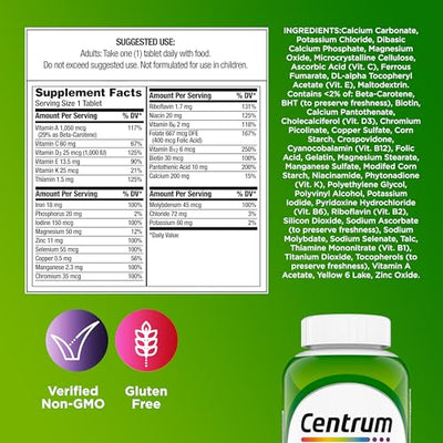 Centrum Adult Multivitamin/Multimineral Supplement with Antioxidants, Zinc, Vitamin D3 and B Vitamins, Gluten Free, Non-GMO Ingredients - 200 Count