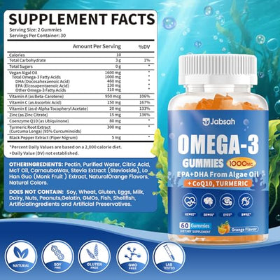 Vegan Omega-3 Gummies 1000mg from Algae Oil (DHA 460mg & EPA 230mg), Omega 3 Fish Oil Alternative for Adults, Plus Turmeric & CoQ10 for Brain, Eye & Immune Health, No Fishy Taste, Sugar Free, 120 Cts