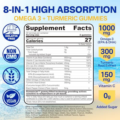 Vegan Omega-3 Gummies 1000mg + Turmeric - Omega 3 Fish Oil Alternative for Adults - Algae DHA 600mg & EPA 300mg, Vitamins A, C, E, Zinc & MSM, Sugar Free, 60 Cts
