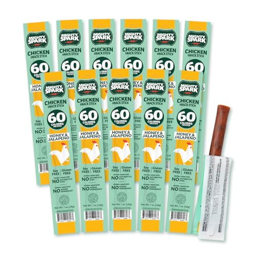 Mighty Spark Chicken Snack Sticks - Honey and Jalapeno - 6g of Protein, No Antibiotics Ever, No Hormones Added, Gluten Free, Soy Free Meat Sticks - High Protein Keto Snacks, Weight Watchers Approved Snacks - 12 Count