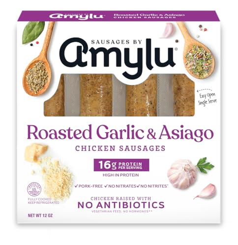 Amylu Foods Roasted Garlic & Asiago Chicken Sausage, Natural Ingredients, 16g of Protein, GAP Certified Chicken Raised with No Antibiotics, Fully Cooked, Gluten-Free, Pork-Free, No Nitrates or Nitrites, 12 oz
