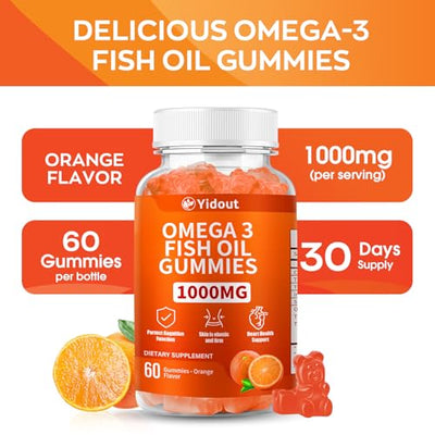 Yidout Omega 3 Fish Oil Gummies, Delicious Orange Flavor Fish Oil Gummy Supplements for Joint, Heart Health, & Brain Support (60 Count（Pack of 2）)