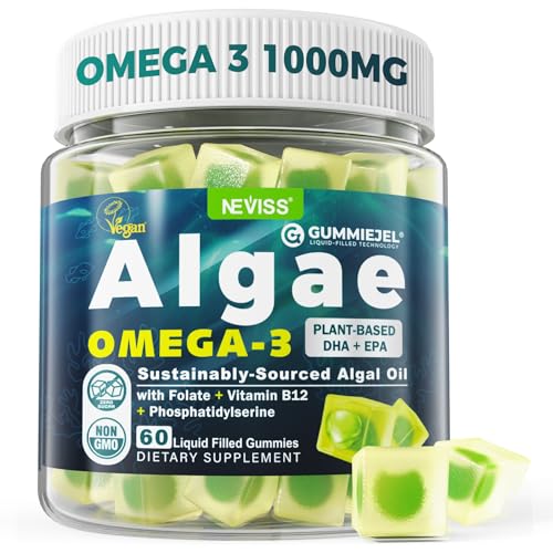 Vegan Omega-3 Gummies for Adults, Fish Oil Alternative from Algae Oil, Plant Based DHA 460mg & EPA 230mg Plus MethylFolate, Vitamin B12, Phosphatidylserine, No Fishy Taste, Vegan, Sugar Free, 60 Cts