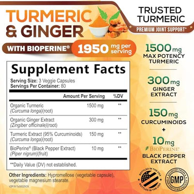 Turmeric Curcumin Supplement 1950mg - 95% Curcuminoids with Organic Turmeric & Ginger, BioPerine Black Pepper for Best Absorption, Nature's Vegan Joint Support, Non-GMO, Bottled in USA - 240 Capsules