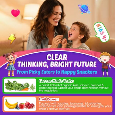 Kids Brain Gummies with Lion's Mane Mushroom, Methyl B6, B9, B12, Super Greens, Lutein, Brain Booster Supplement for Focus & Attention, Cognitive Function, Vision & Energy, Sugar Free, Vegan 60 Count