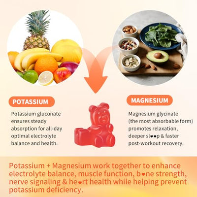 Potassium Magnesium Gummies, High Absorption Magnesium Glycinate, Magnesium Potassium Supplement with Vitamin B6 D3 B12 for Leg Cramps & Muscle Health, Sugar-Free Strawberry Flavor 60 Count