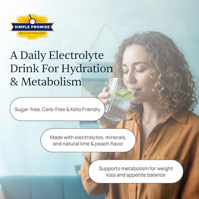 Simple Promise ElectroSlim - Sugar-Free Keto Electrolytes Powder - No Sugar Formula for Daily Energy Support and Hydration, Low Sodium Organic Electrolytes Powder, 30 Servings, Peach Flavor