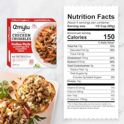 Amylu Foods Italian Style Chicken Crumbles, Natural Ingredients, 14g of Protein, GAP Certified Chicken Raised with No Antibiotics, Fully Cooked, Gluten-Free, Pork-Free, No Nitrates or Nitrites, 12 oz