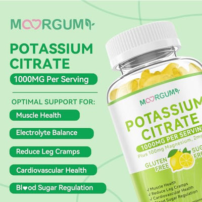 Potassium Citrate 1000mg Gummies, Potassium Supplement for Adults Women and Men, with Magnesium, Vitamin B6 Chewable Supplements, Support Electrolyte Balance, Leg Cramps & Muscle Health, 60 Count