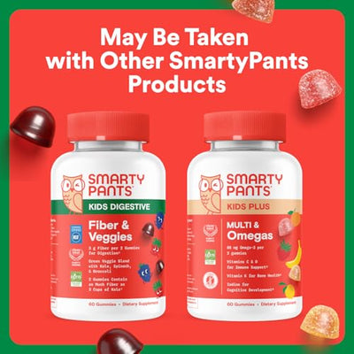 SmartyPants Kids Fiber & Veggies: Prebiotic Fiber Gummies for Kids, Fiber Supplement with Inulin, Organic Green Veggie Blend, Vegan, Gluten Free, Mixed Berry Flavor, 60 Count (30 Day Supply)