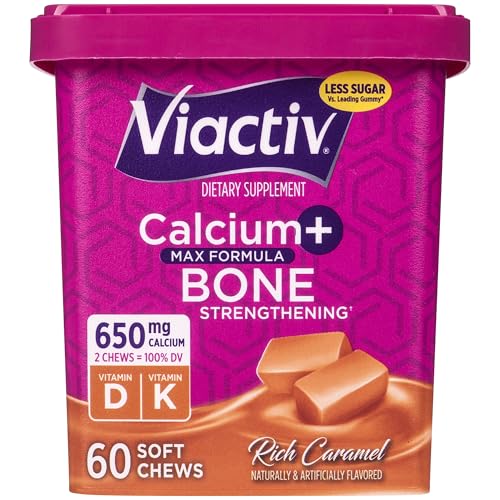 Viactiv Calcium + Vitamin D Supplement Soft Chews for Women & Men - Chewable Calcium for Bone Health Support, 650 mg per Serving, Vitamin D & K for High Absorption - 60 Count, Caramel