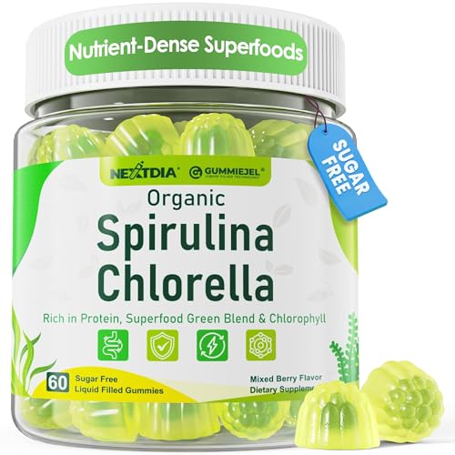 Organic Spirulina + Chlorella Gummies, High in Vegan Protein, Chlorophyll, Nutrient Dense Green-Blue Algae +Super Greens, Vitamin C, D3, Zinc, B12 for Daily Energy, Cleanse, Antioxidant, Immune, 60Cts