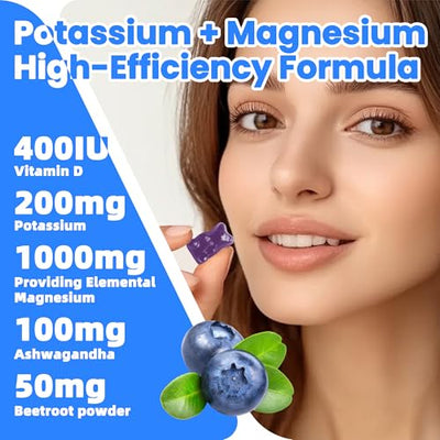 Potassium Magnesium Gummies,Potassium Supplement w/Ashwagandha,High Absorption Magnesium Glycinate,B6,D3,Potassium Citrate for Leg Cramps,Muscle,Electroyte for Adults Kids,Sugar-Free, 60 Gummies