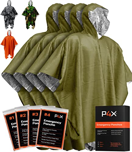 PREPARED4X Emergency Poncho with Mylar Blanket Liner – Heavy Duty, Waterproof, Wind-Resistant Green Rain Poncho for Outdoors, Camping, and Car Emergency Kits - Thermal Poncho - 4 Pack (Green)