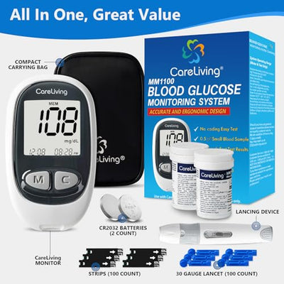 CareLiving MM1100 Blood Glucose Monitor Kit with 100 Test Strips, 100 Lancets, 1 Blood Glucose Meter, 1 Lancing Device, Diabetes Testing Kit, Portable Blood Sugar Test Kit, Glucometer Kit for Home