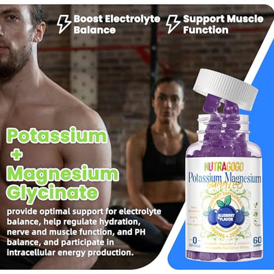 Potassium Magnesium Gummies,Potassium Supplement w/Ashwagandha,High Absorption Magnesium Glycinate,B6,D3,Potassium Citrate for Leg Cramps,Muscle,Electroyte for Adults Kids,Sugar-Free, 60 Gummies