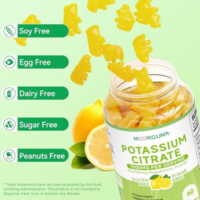 Potassium Citrate 1000mg Gummies, Potassium Supplement for Adults Women and Men, with Magnesium, Vitamin B6 Chewable Supplements, Support Electrolyte Balance, Leg Cramps & Muscle Health, 60 Count