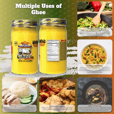 Rani Ghee Pure & Natural from Grass Fed Cows (Clarified Butter) 8oz (227g) ~ Glass Jar | Paleo Friendly | Keto Friendly | Gluten Free | Product of USA