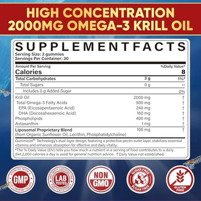 Liposomal Antarctic Krill Oil Omega 3 Gummies 2000mg - Cellular Level Absorption Omega-3 with EPA, DHA & Astaxanthin - Antioxidant & Brain Support - Fish Oil Supplements Alternative - 60 Count