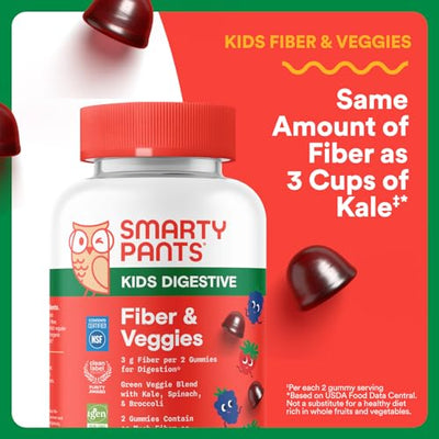 SmartyPants Kids Fiber & Veggies: Prebiotic Fiber Gummies for Kids, Fiber Supplement with Inulin, Organic Green Veggie Blend, Vegan, Gluten Free, Mixed Berry Flavor, 60 Count (30 Day Supply)