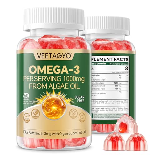 Vegan Omega 3 Gummies 1200mg - Dual Layer - Fish Oil Alternative, Marine Algae Omega 3 Supplement DHA 600mg, EPA 400mg with Astaxanthin,Sugar Free,60 Cts