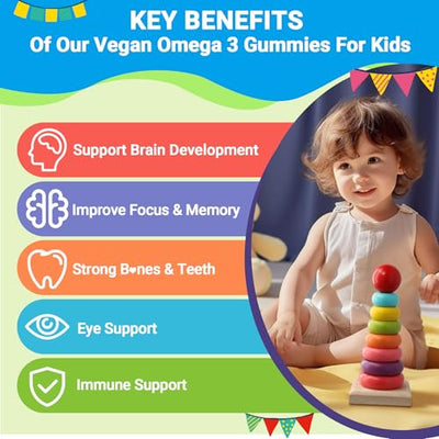 2 Pack Algae Omega 3 Gummies for Kids - 500mg with DHA, Phosphatidylserine, Vitamin D3 & K2 - Sugar Free DHA Supplement for Brain& Eye - Fish Oil Alternative - Vegan, 120 Count